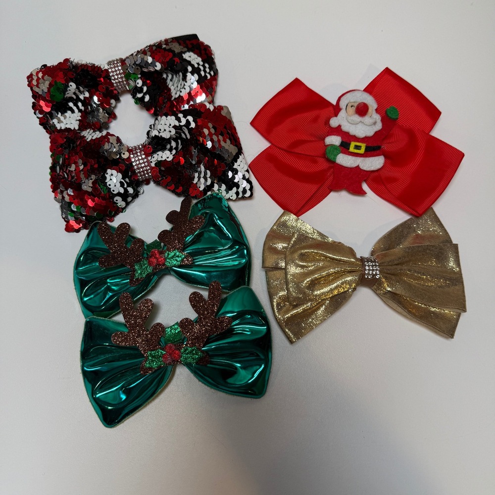 Christmas Holiday Hair Bows Set Santa Reindeer Sequin‎ Festive Accessories